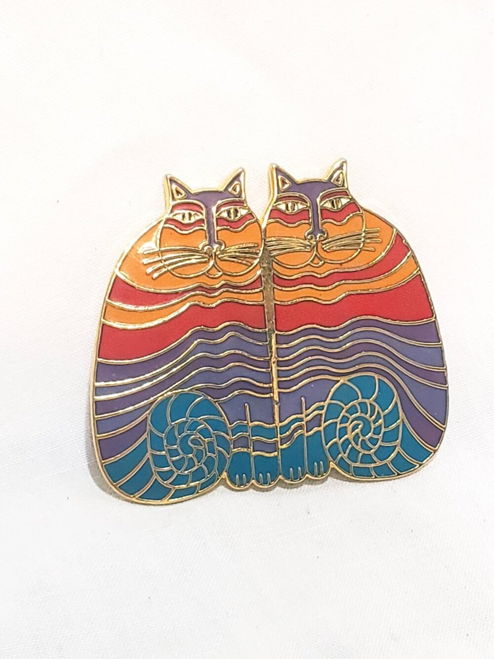 Lauren Burch Rainbow Cats Colorful Cloisonné Metal Brooch Pin 1.5" Vintage